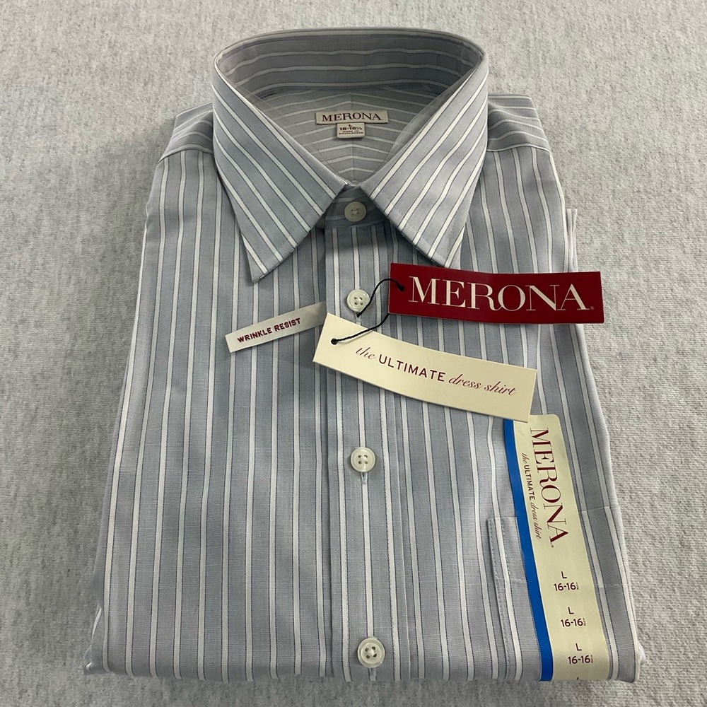 MERONA WRINKLE RESIST MEN’S BUTTON DOWN DRESS SHIRT LONG SLEEVE SIZE: L 16-16.5